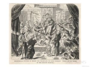 A Satirical Drawing of Henry VIII standing on the Pope Clement VII