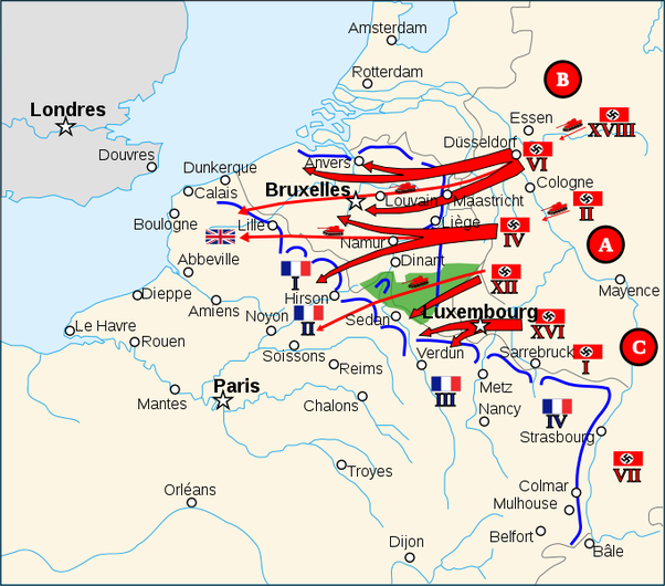 The Germans bypassed France's heavily fortified eastern border, and instead drove their tanks through the Low Countries (Benelux)